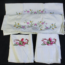 Vintage Lot of 4 Embroidered Standard Pillowcases Crocheted Edge Floral Flaws picture