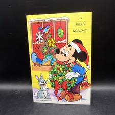Unused Christmas Mickey Mouse Thumper Disney Wreath Vtg Greeting Card 1960s picture