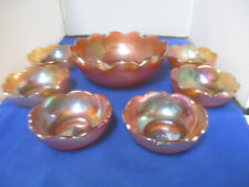 Jeanette Carnival Glass Berry Bowl & 6 Dishes “Tree Bark” Marigold Vintage Set picture