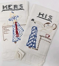 VTG 1950’s Hand Embroidered His & Hers Pure Linen Towels picture