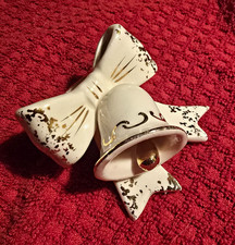 Lefton Vintage White & Gold Ceramic Bow Bell Christmas Ornament Japan MPN 1996 picture