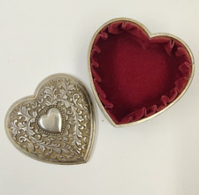VTG footed Metal Ornate Silver Finish Heart Jewelry Trinket lid Box Red Velvet picture