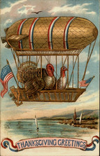 Turkeys in Airship~Balloon~Antique~ Thanksgiving Patriotic Fantasy Postcard~s552 picture
