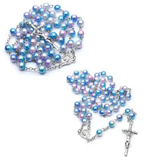 (2 pk) Blue & Purple Ombre Glass Pearl Rosary Catholic Women Girl Christian picture