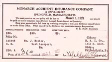 Monarch Accident Insurance Co. 1927 Springfield MA Premium Receipt picture