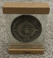 Riviera Maya Aztec calendar plaque in glass display stand. Mexico picture