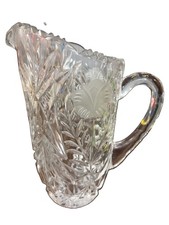 Vintage Clear Cut Glass Water Pitcher Frosted Floral Pinwheel Starburst 8.5” picture