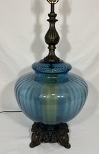 Vintage Mid Century Carl Falkenstein Optic Blue Glass Table Lamp Lighted Globe picture