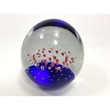 Art Glass Paperweight Cobalt Blue Base Pink Teardrop Controlled Bubbles Round picture