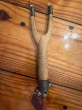 Vintage 1970s Afghan Kuchi Tribal Slingshot Hand Carved Wood Metal Dangles Boho picture