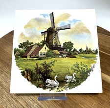 Vintage J.C. Van Hunnik Signed Hand-painted Tile Holland Windmill & Swans Dutch picture