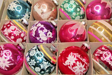Lot VTG Glass Pictured MERRY SNOWFLAKE SNOW CAP Large BALL Christmas Ornament US picture