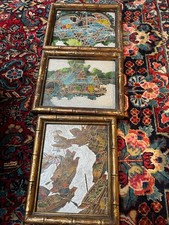 3 Asian Thai painted carved wood scenes MCM faux bamboo frames approx 9 x 11 vgc picture