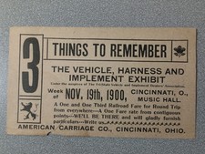 Antique 1900 Cincinnati Music Hall Ticket, American Carriage Co. Exhibit Pass  picture