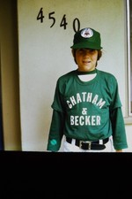 c1970's Kodachrome 35mm Slide, Boy Chatham & Becker Baseball Uniform green gold picture