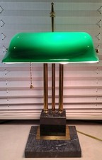 Vintage Banker's Desk Lamp Emerald Green Glass Shade Brass Column Black Marble  picture