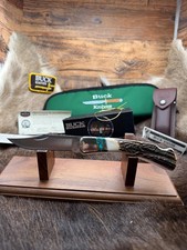 Buck 110 Knife Stag Handle Stainless Blade & Brown Leather Sheath Mint In Box picture
