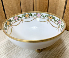 Vintage Nippon Hand Painted 3 Footed Pink Yellow Green Gold Porcelain Bowl Dish picture