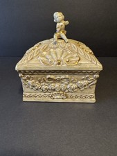 Vintage 1964 Hand Painted Ceramic Cherub Jewelry Trinket Box Ivory Gold Decor picture