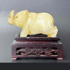 Antique Jade Rhinoceros Figurine Carved Stone Look with Wooden Display Stand picture