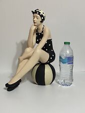 BATHING BEAUTY FIGURINE IN BLACK & WHITE POLKA DOT BATHING SUIT ON BEACH BALL picture