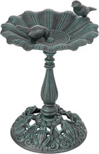 Vintage Cast Iron Birdbath,16.1In Tall Green Lotus Leaf Shaped picture