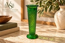 Vintage E.O. Brody Co Emerald Green Diamond Pattern Glass Bud Vase 7 1/2”   picture