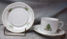 Tienshan Holiday Hostess Christmas Tree Cup Saucer Plate 3 Piece Set Gold Trim picture