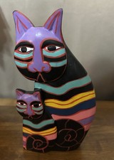 Vintage Hand Painted Wood Cat Figurine Mother & Kitten Indonesia Folk Art Style picture