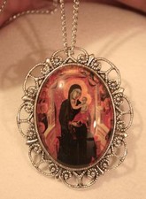 Scalloped Silvertn Blue Accent Renaissance Our Lady Carmel Medal Necklace Brooch picture