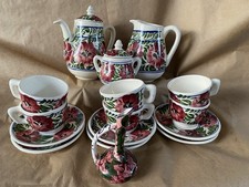 Mexico Vtg Handmade Teapot Full  6cups 6saucers  Rose pattern 16 Coffee Tea Set picture