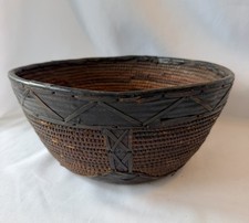 African Coil Basket Bowl Leather Trim Handmade Vintage Antique Ethnic Primitive picture