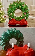 Vintage Light Up Ceramic Christmas Wreath Green Red Bow Base picture