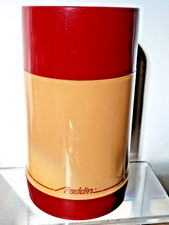 Vtg 1970s Aladdin Pint Wide Mouth Thermos Burgundy &Tan Block Design Stopper Cup picture