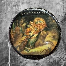 Vintage Russian Lacquer Box Ivan Tsarevich Firebird Grey Wolf Folk Art Trinket picture