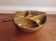 Handcrafted David Auld Wooden Monkey Pod Large Divided Leaf Shape Bowl Haiti picture