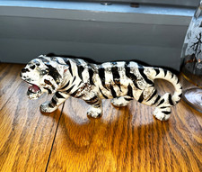 Vintage MCM Japan White Tiger Ceramic Figurine with Black Stripes Gold Glitter picture