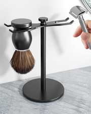 Safety Razor Stand With Brush Holder, Black Heavy Duty Metal Shaving Holder for picture