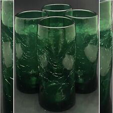 Rainbow Glass Green Pinched Dimple Handled Crackle Tumblers 4pc 1954-73 USA 6