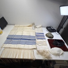 Vintage Jewish Tallit Prayer Shawl w/ Velvet Bag Shalom & Yamaka picture