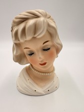 Vintage NAPCO Lady Head Vase Planter Japan Blonde Pearl Necklace MCM 1950s picture