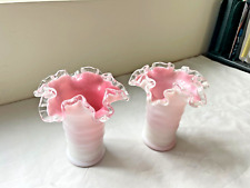 Vintage Art Glass Vase Coral Pink White Ruffle Swirl Mid-Century picture