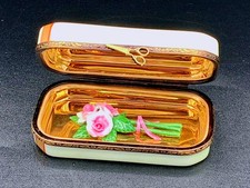 Authentic Hand-Painted Limoges Trinket Box Pink Rose Bouquet Scissors Surprise picture