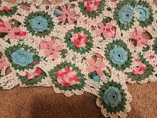 Hand Crochet Blue,Pink,White Tablecloth Rectangle Floral Scallop Edge 80” X 88” picture