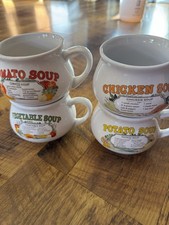 DDJ Recipe Soup Mugs VINTAGE 80s Ceramic Set 4 Tomato Vegetable Chicken Potato picture