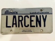 Vtg Exp. Illinois Vanity License Plate LARCENY Bar Man Cave sign 1983 1985 Rare picture