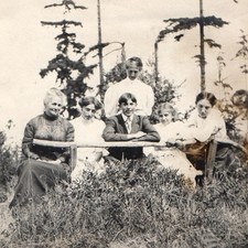 c1900s Family Group Rustic Fence Snapshot Photo Edwardian Fashion Outdoor Trees picture