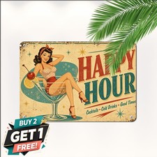 Vintage Pinup Girl Happy Hour Kitchen Cocktail Metal Sign Retro Bar Plaque picture