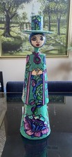 Vtg Abelardo Ruiz Mexican Folk Art Paper Mache Big Eye Lady Candle Holder 13.5” picture
