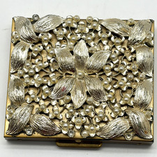 Vintage SF Co 5th Ave Powder Compact Faux Pearl Silver Leaf Floral Square picture